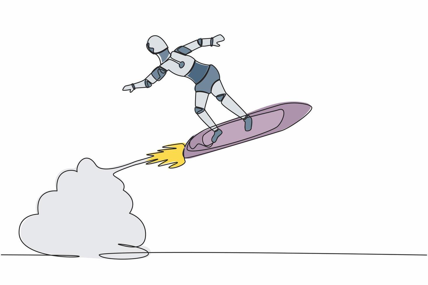 enda kontinuerlig linje teckning robot ridning surfing styrelse raket flygande i de himmel. framtida teknologi utveckling. artificiell intelligens maskin inlärning. ett linje grafisk design vektor illustration