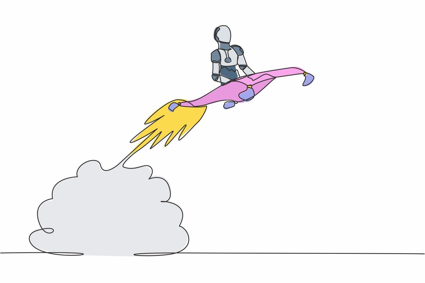 Single einer Linie Zeichnung Roboter Reiten Magie Teppich Rakete fliegend im das Himmel. Technik Geschäft Beschleunigung. modern Roboter künstlich Intelligenz. kontinuierlich Linie zeichnen Design Grafik Vektor Illustration