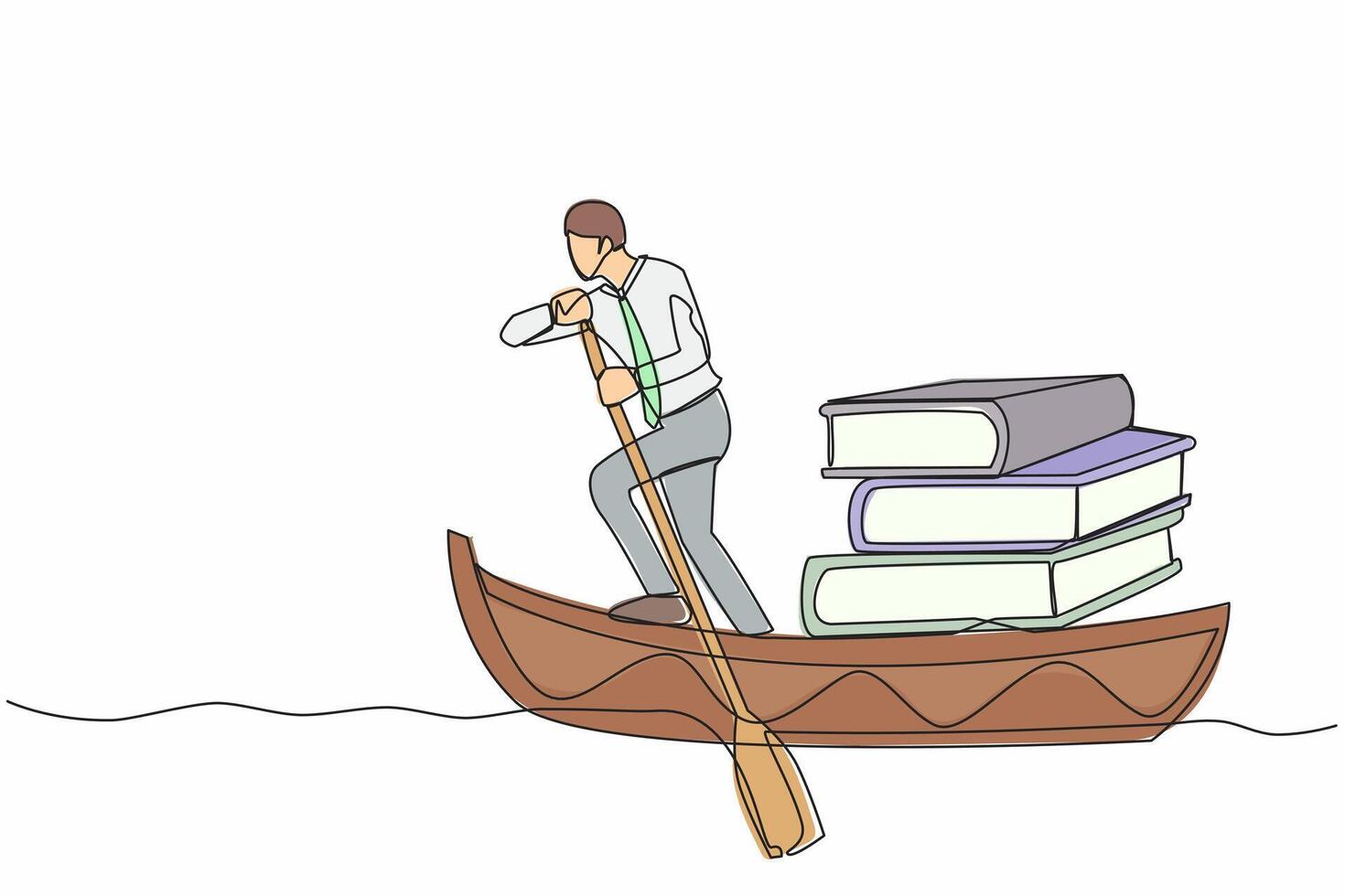 kontinuierlich einer Linie Zeichnung Clever Geschäftsmann Stehen im Boot und Segeln mit Stapel von Bücher. Ausbildung, Fantasie, Vorstellung, Intellekt Konzept. Single Linie zeichnen Design Vektor Grafik Illustration