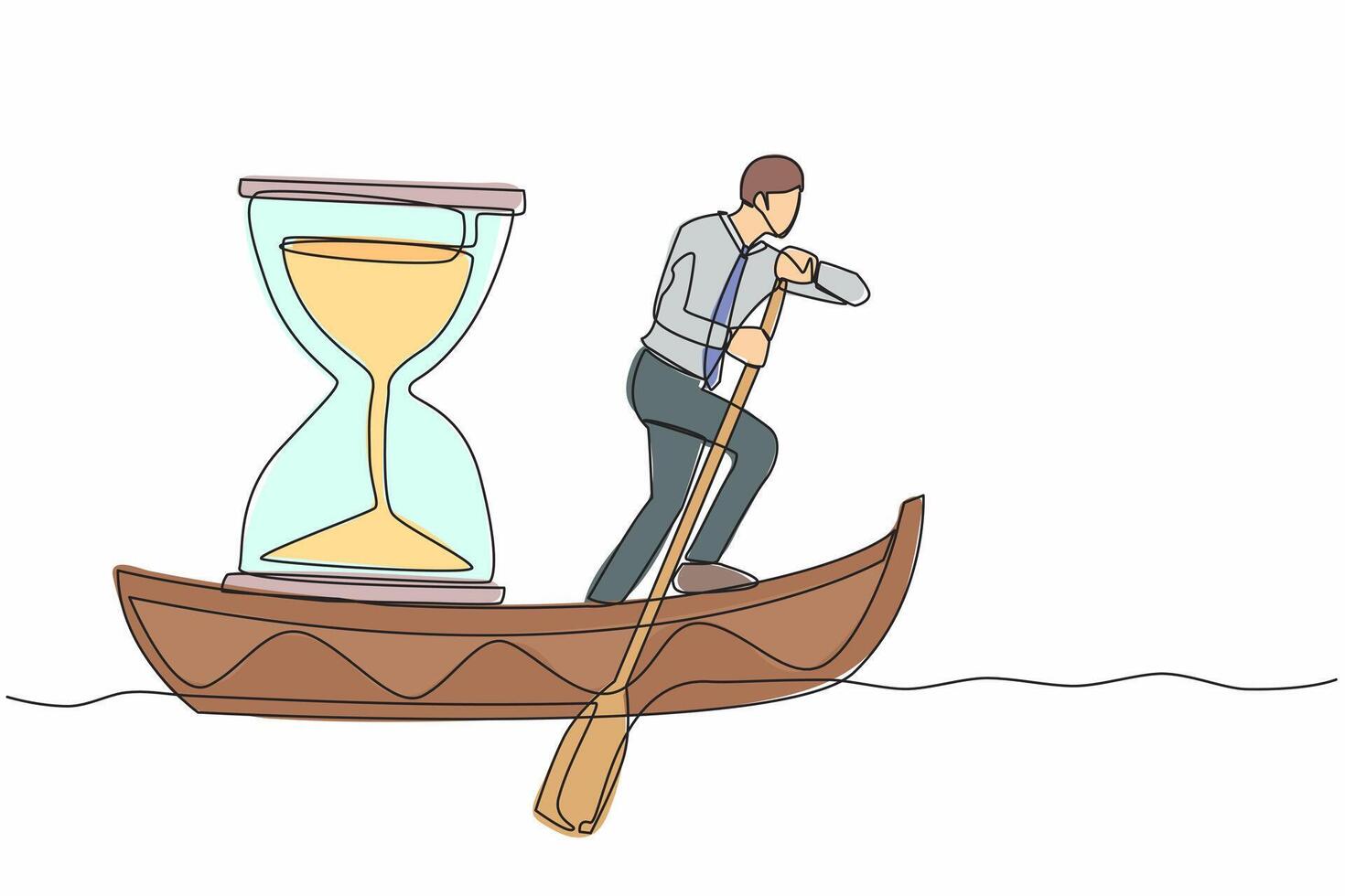 kontinuerlig ett linje teckning affärsman stående i båt och segling med timglas. chef fly från deadline. motivering till gå fram. löpning ut av tid. enda linje design vektor illustration