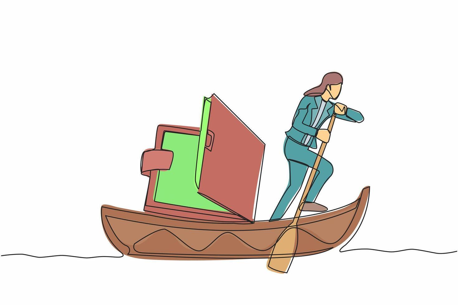 Single kontinuierlich Linie Zeichnung Clever Geschäftsfrau Stehen im Boot und Segeln mit öffnen Geldbörse. Speichern inländisch Geldbörse Budget. verfolgen fest Täglich Ausgaben. einer Linie zeichnen Design Vektor Illustration