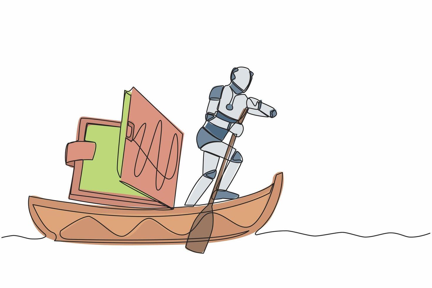 kontinuierlich einer Linie Zeichnung Roboter Segeln Weg auf Boot mit Geldbörse. Problem im Technik Unternehmen fällig zu wirtschaftlich Krise. Humanoid Roboter kybernetisch Organismus. Single Linie Design Vektor Grafik Illustration