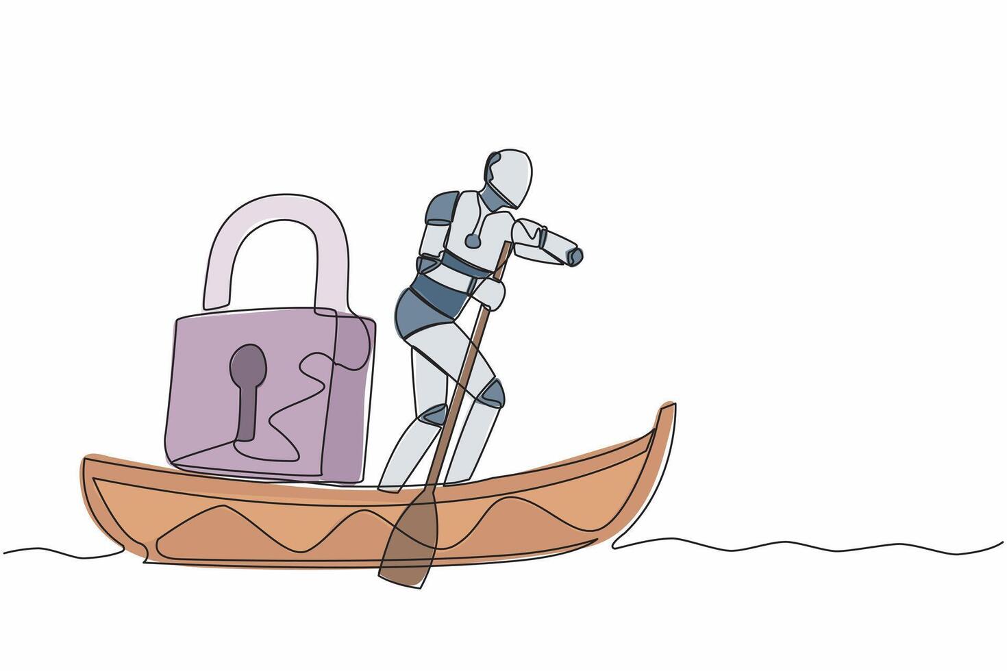 Single einer Linie Zeichnung Roboter Segeln Weg auf Boot mit Vorhängeschloss. Sicherheit und Versand Geschäft Schutz. modern Roboter künstlich Intelligenz. kontinuierlich Linie Design Grafik Vektor Illustration