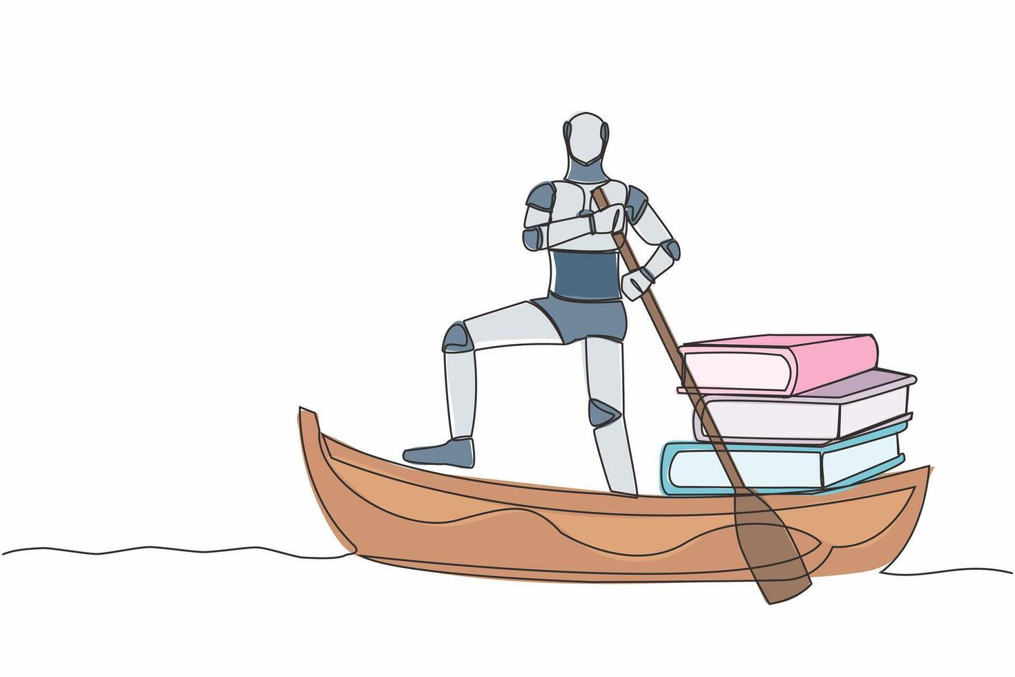 enda ett linje teckning robot segling bort på båt med lugg av böcker. utbildning i tech företag. robot artificiell intelligens. teknologi industri. kontinuerlig linje dra design vektor illustration