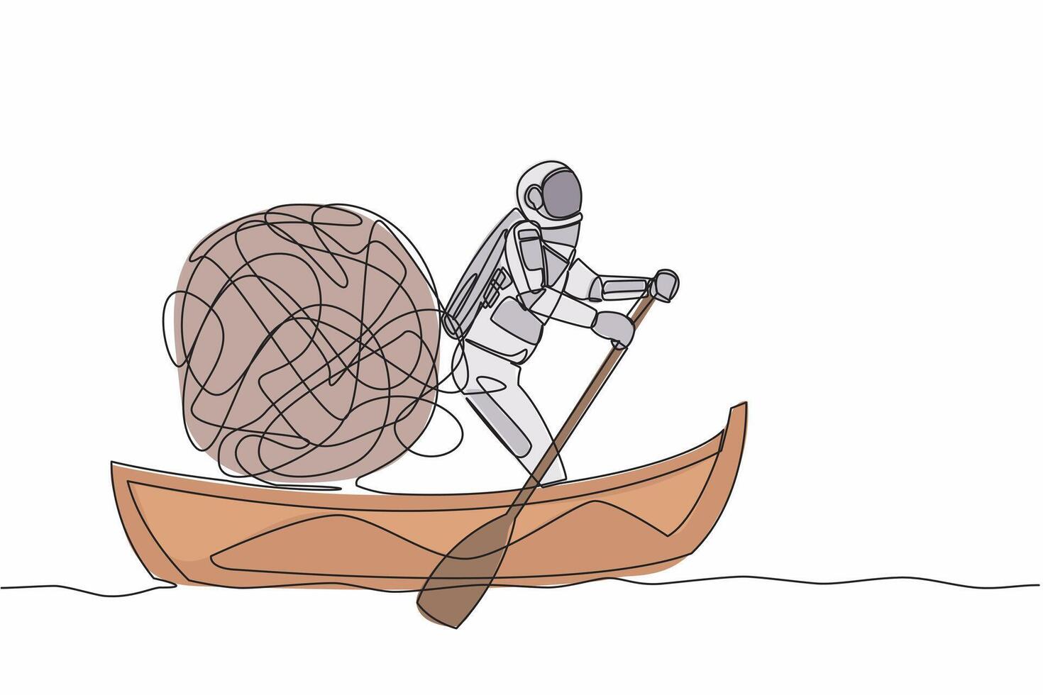 enda ett linje teckning av astronaut segling bort på båt med rörig linje. förvirring och ångest när problem inträffa på Plats uppdrag. kosmisk galax Plats. kontinuerlig linje design vektor illustration