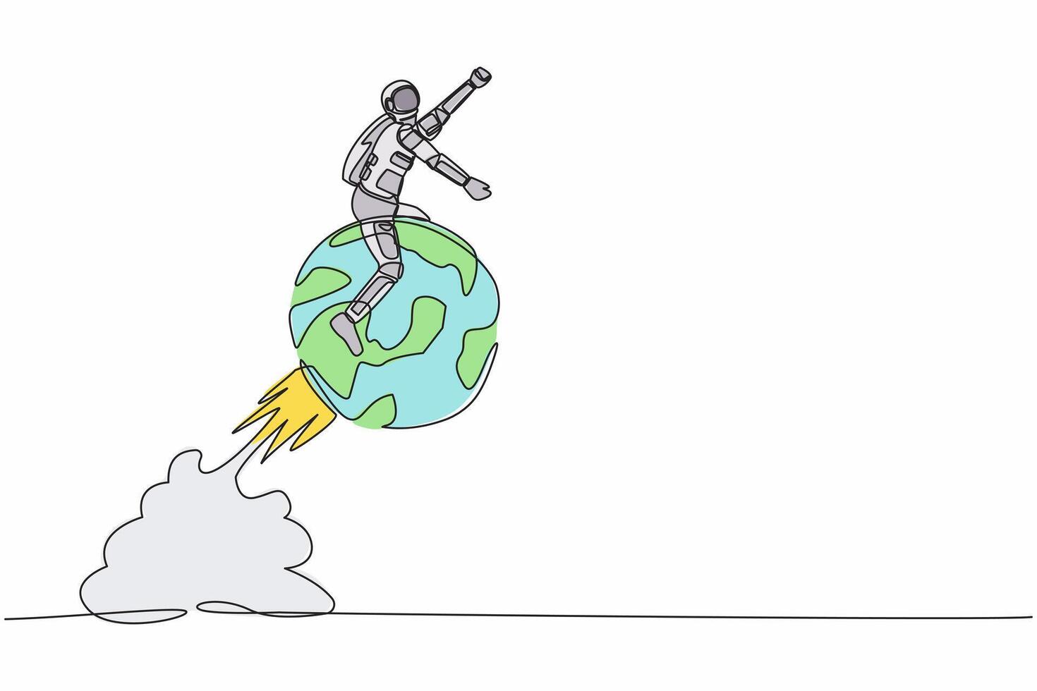 kontinuierlich einer Linie Zeichnung Astronaut Reiten Kugel Globus Rakete fliegend im Mond Oberfläche. global Raumschiff Geschäft Erweiterung. Kosmonaut äußere Raum. Single Linie zeichnen Design Vektor Grafik Illustration