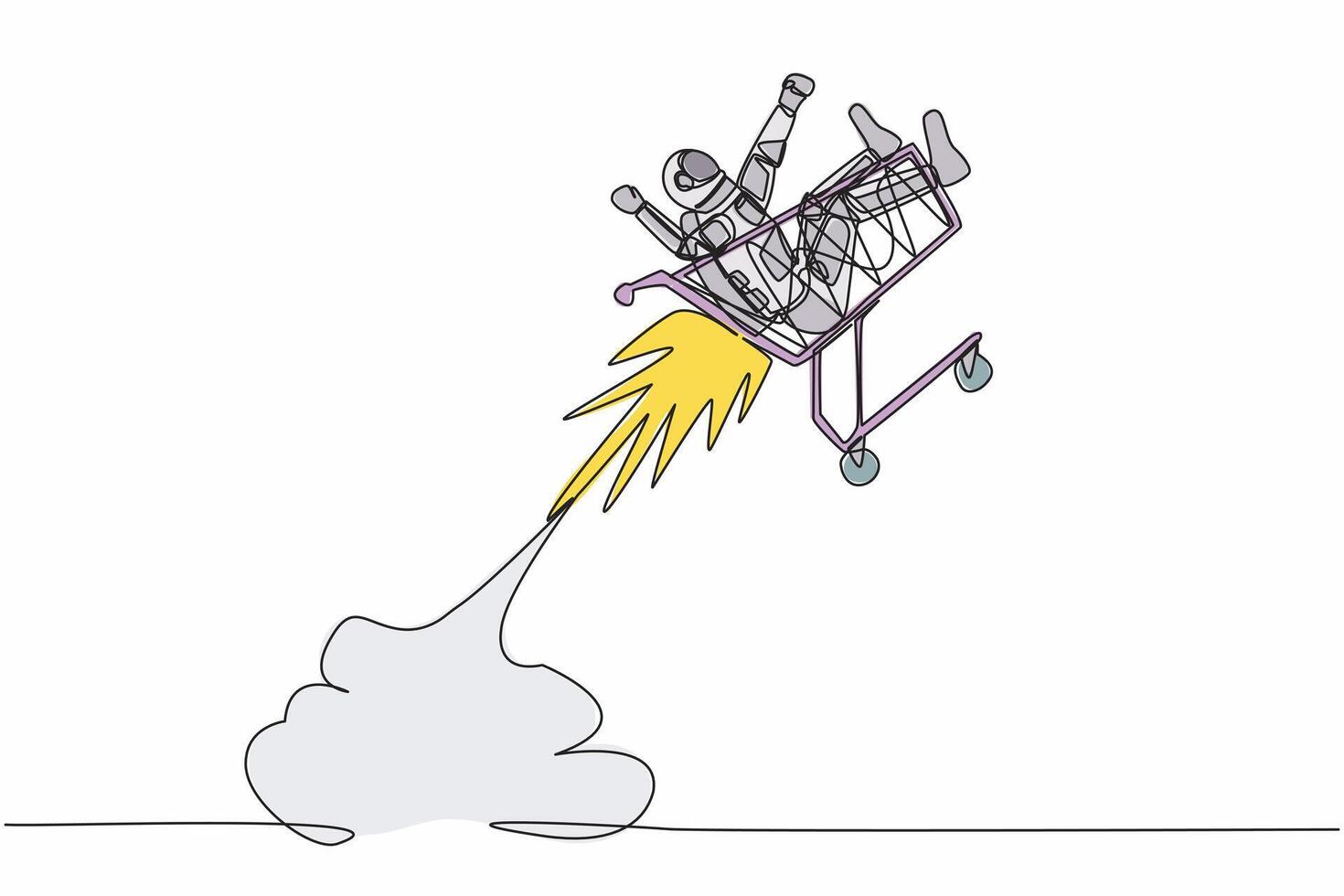 enda kontinuerlig linje teckning ung astronaut ridning handla vagn raket flygande i måne yta. affär förnödenheter för Plats utforskning. kosmonaut djup Plats. ett linje design vektor illustration