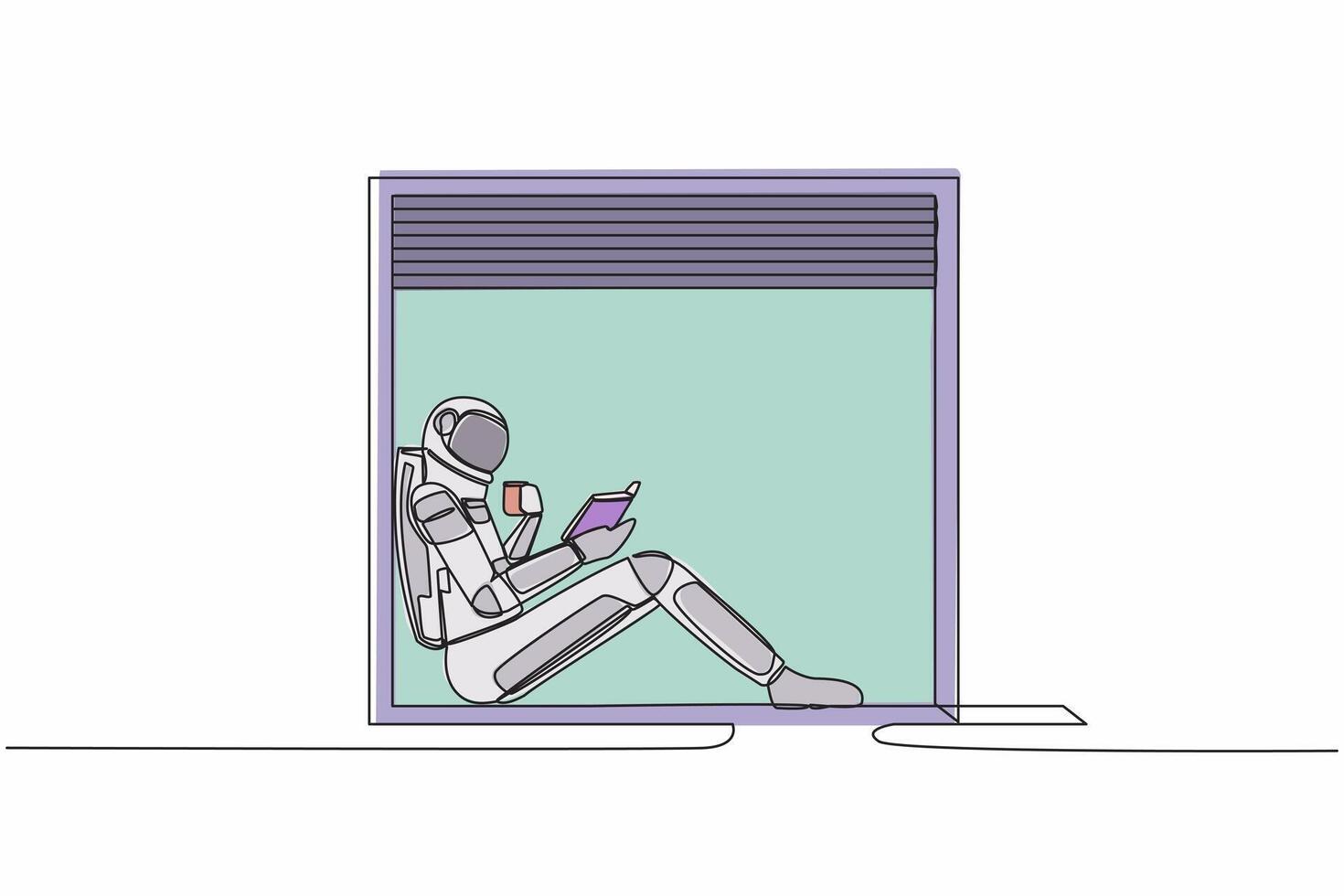 enda kontinuerlig linje teckning astronaut på fönsterkarm med kopp av varm kaffe eller te, läsning bok i måne yta. njuter en dag i fönster. kosmonaut djup Plats. ett linje design vektor illustration
