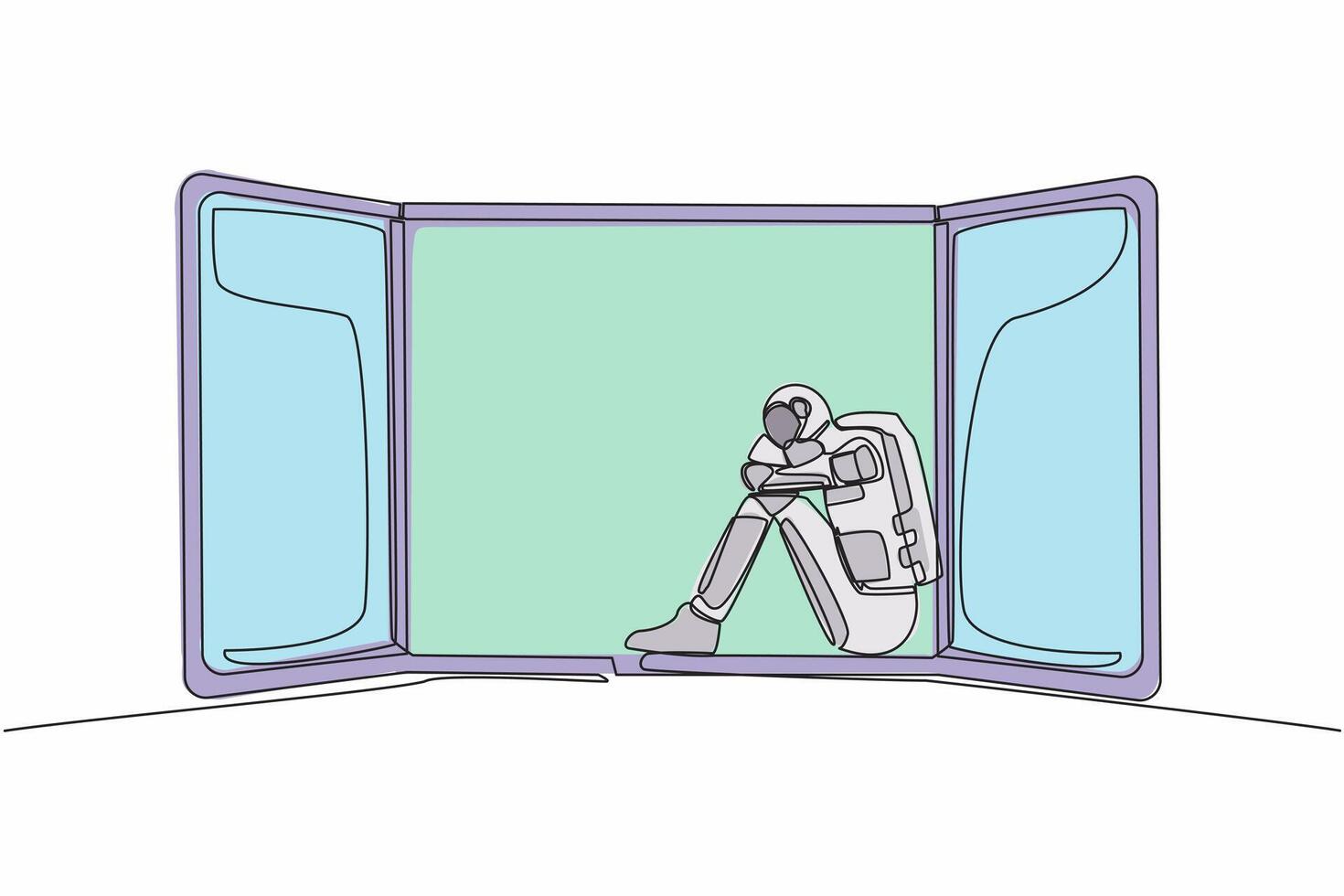 enda ett linje teckning betonade ung astronaut Sammanträde på fönsterbräda. depression, påfrestning, förtvivlan, tech problem. kosmisk galax Plats begrepp. kontinuerlig linje dra design grafisk vektor illustration