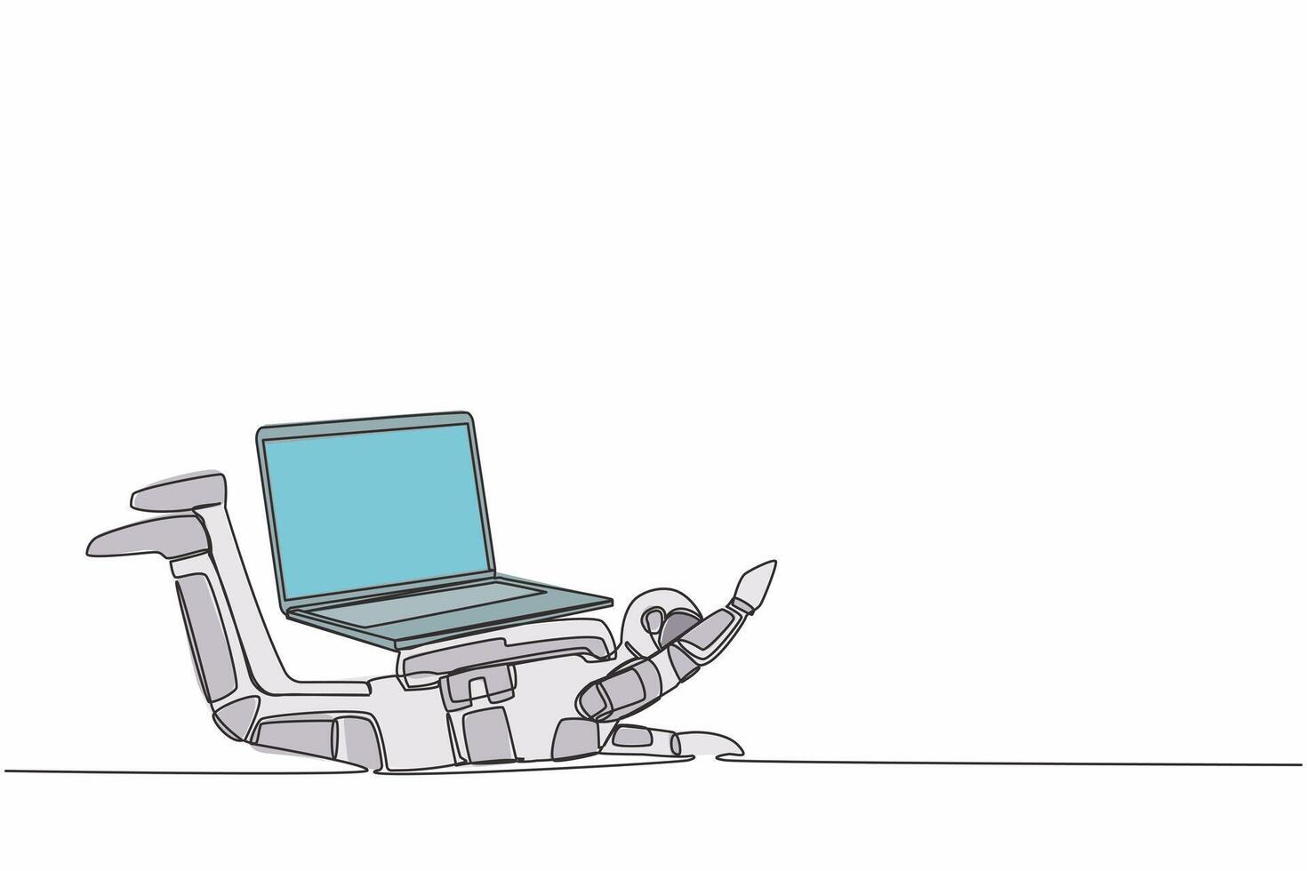 Single kontinuierlich Linie Zeichnung jung Astronaut unter schwer Laptop Computer Last. ermüden oder Ausbrennen Arbeit beim Raumschiff Industrie. Kosmonaut tief Raum. einer Linie zeichnen Design Vektor Grafik Illustration