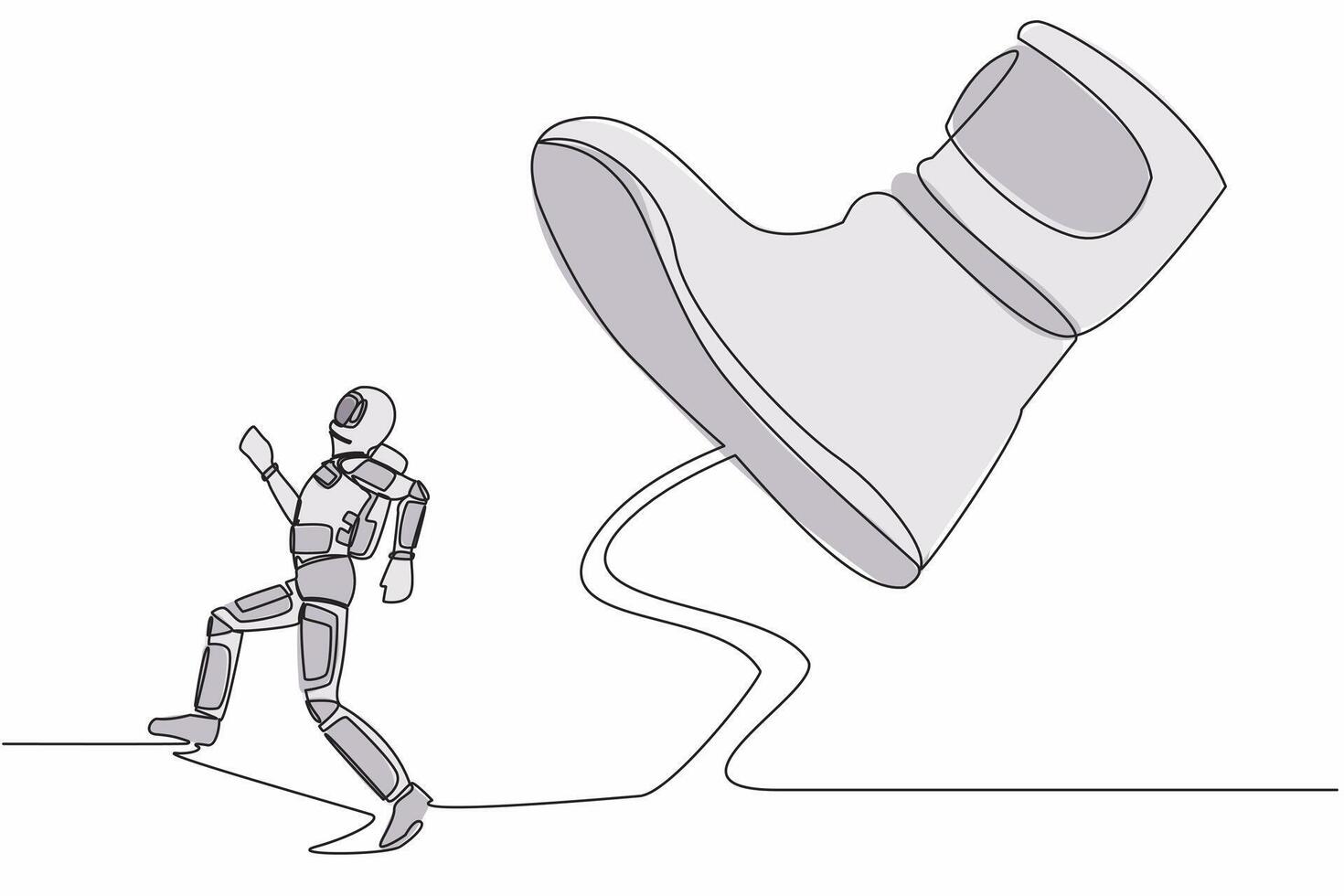kontinuierlich einer Linie Zeichnung jung Astronaut Lauf Weg von stampfen Fuß. Raumfahrer unterdrückt durch Boss mit unter groß Schuh. Kosmonaut äußere Raum Konzept. Single Linie Grafik Design Vektor Illustration