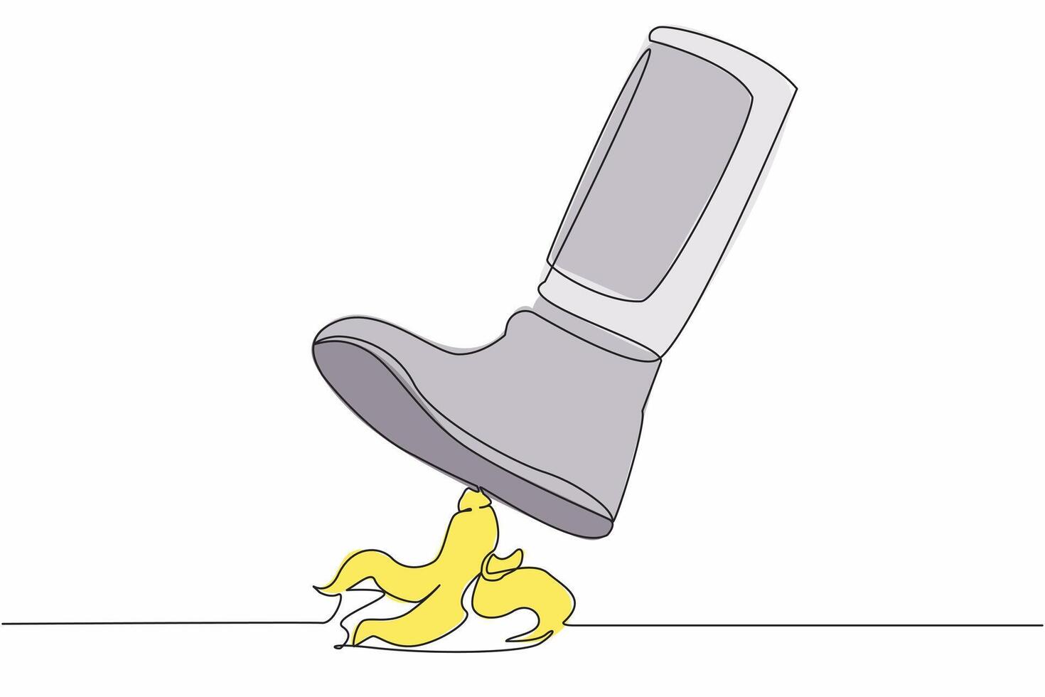 kontinuierlich einer Linie Zeichnung jung Astronaut Bein Schritt auf Banane schälen. unmittelbar bevorstehend Achtung, Banane schälen unter den Füßen. Wissenschaft Risiko Konzept. Kosmonaut äußere Raum. Single Linie Grafik Design Vektor Illustration