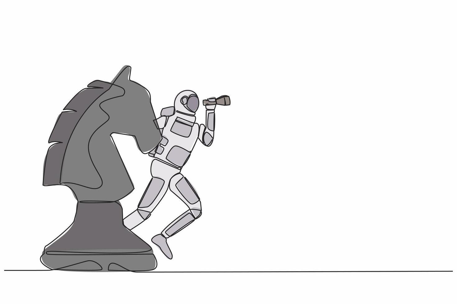 kontinuierlich einer Linie Zeichnung von Astronaut Stehen auf Pferd Schach Stück mit Teleskop zu sehen galaktisch Vision. Strategie im Raum Industrie. Kosmonaut äußere Raum. Single Linie Design Vektor Illustration
