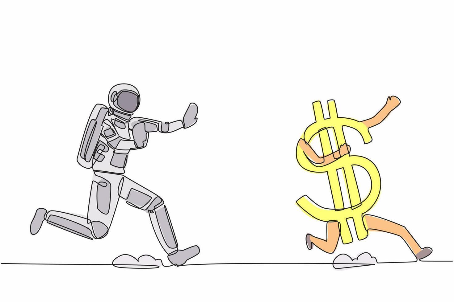 Single kontinuierlich Linie Zeichnung jung Astronaut Lauf jagen Dollar Symbol im Mond Oberfläche. Investition im Raum Technologie Entwicklung. Kosmonaut tief Raum. einer Linie Design Vektor Grafik Illustration