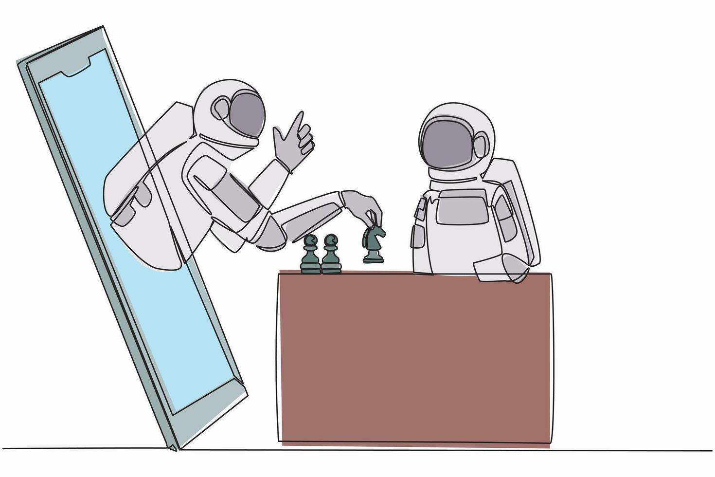 Single kontinuierlich Linie Zeichnung zwei Astronaut Sitzung beim Tabelle und spielen online Schach. einer Spieler zeigt an Wie zu abspielen von Smartphone. Kosmonaut tief Raum. einer Linie Grafik Design Vektor Illustration
