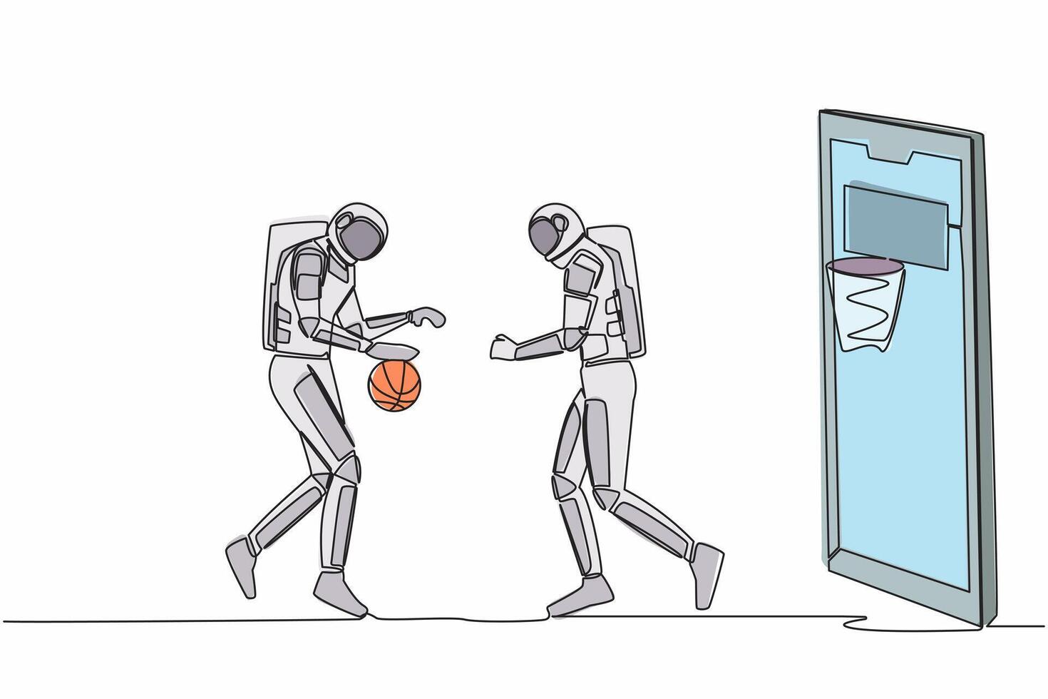 kontinuerlig ett linje teckning två basketboll spelare astronaut i verkan under spel ut av smartphone skärm. uppkopplad basketboll spel. kosmonaut yttre Plats. enda linje dra design vektor illustration