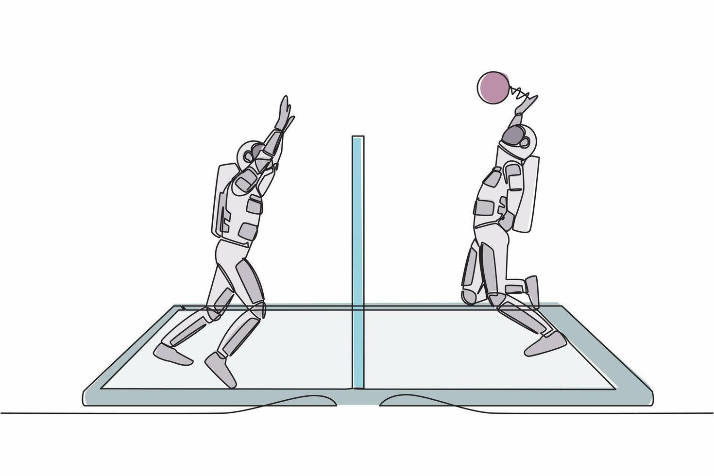 Single kontinuierlich Linie Zeichnung Volleyball Gericht mit zwei Astronaut Spieler auf Smartphone Bildschirm. Volleyball Spieler während passen, Handy, Mobiltelefon App. Kosmonaut tief Raum. einer Linie Design Vektor Illustration