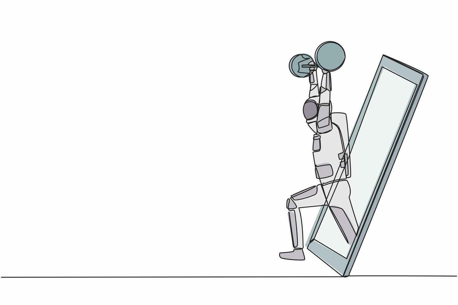 kontinuerlig ett linje teckning kroppsbyggare astronaut håller på med övning med tung vikt bar få ut av smartphone skärm. uppkopplad vikt lyft. kosmonaut yttre Plats. enda linje grafisk design vektor