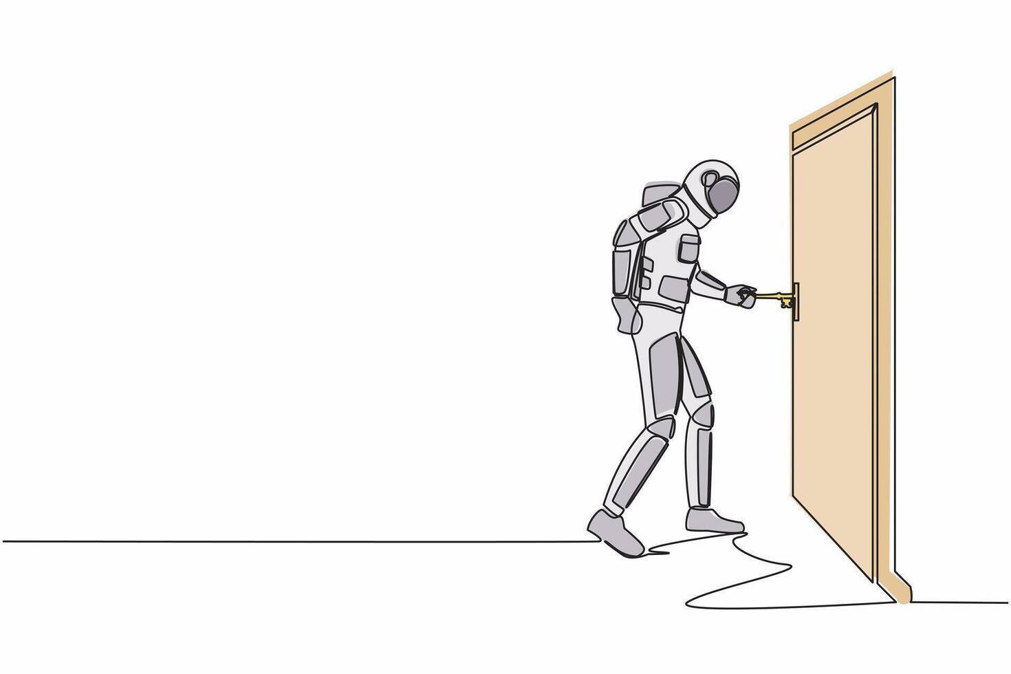 Single einer Linie Zeichnung Astronaut einfügen Schlüssel in Schlüsselloch welche ist auf das Tür. Raumfahrer öffnen Büro Zimmer Tür im Mond Oberfläche. kosmisch Galaxis Raum. kontinuierlich Linie Grafik Design Vektor Illustration