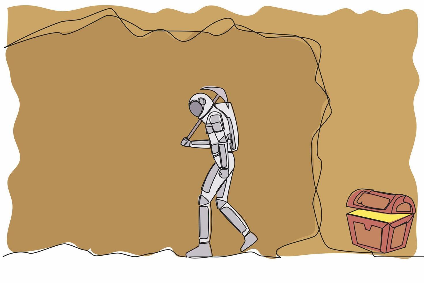 kontinuerlig ett linje teckning ung astronaut sluta påfrestande och ge upp grävning. inte menande skatt bröst är nästan avslöjat. kosmonaut yttre Plats. enda linje dra grafisk design vektor illustration