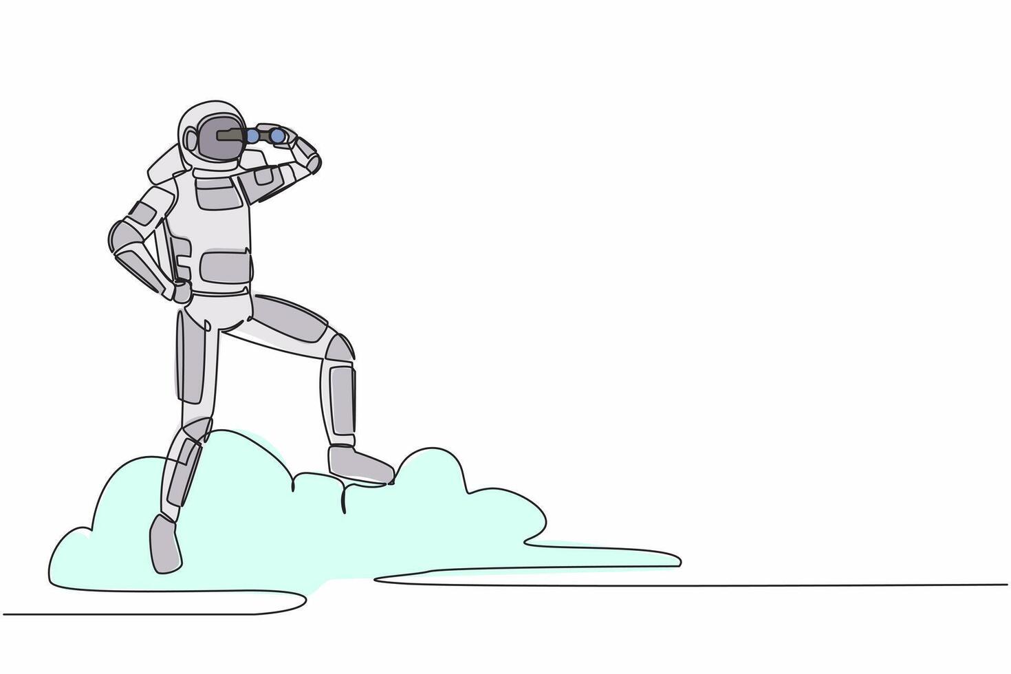 Single einer Linie Zeichnung jung Astronaut auf Wolke halten Fernglas zu Suche zum Raumschiff Geschäft Innovation Projektion. kosmisch Galaxis Raum. kontinuierlich Linie zeichnen Grafik Design Vektor Illustration