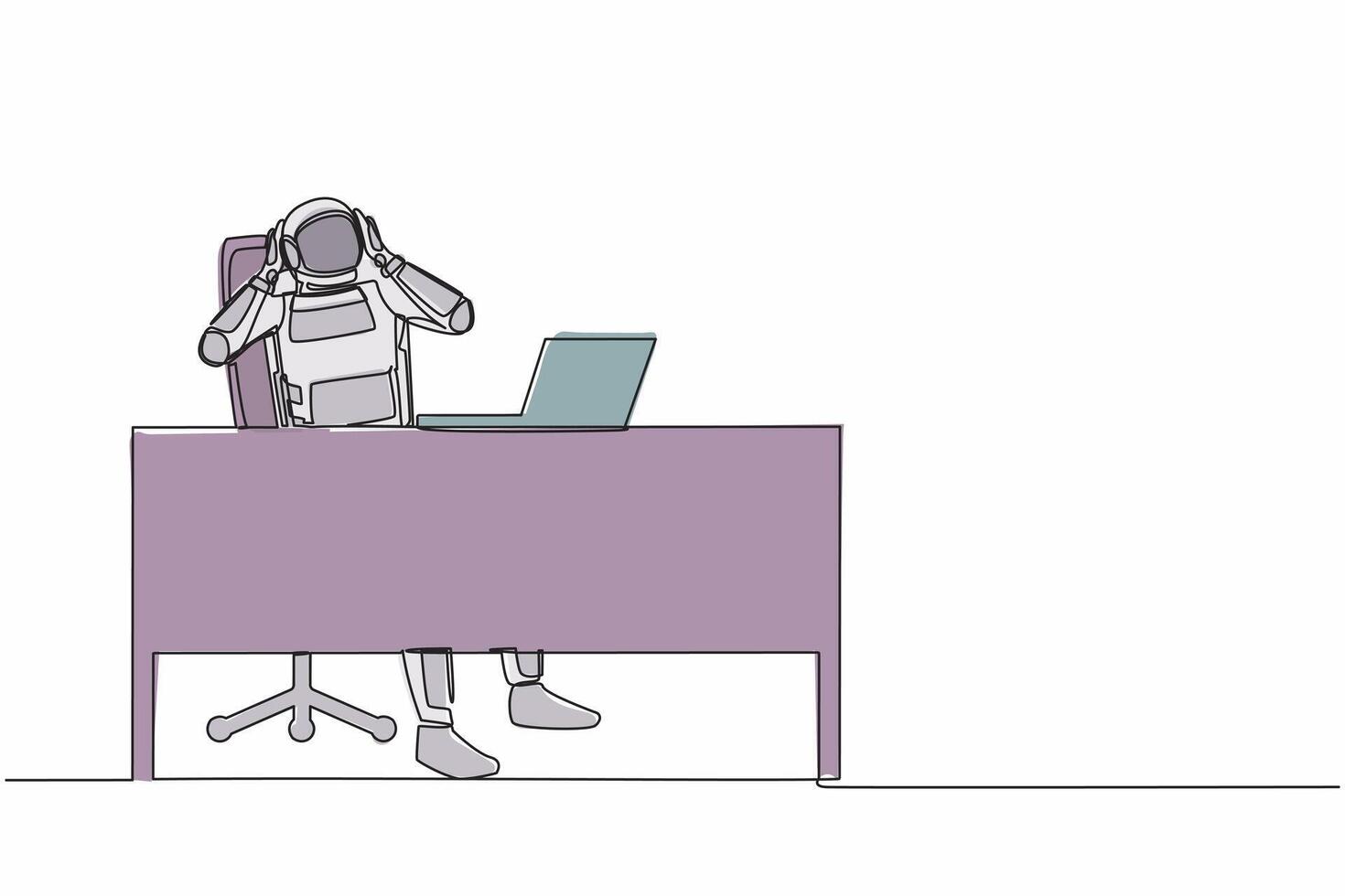 Single kontinuierlich Linie Zeichnung frustriert jung Astronaut Sitzung mit Laptop und halten Kopf beim Arbeiten Schreibtisch. Raum erkunden Fehler. Kosmonaut tief Raum. einer Linie Grafik Design Vektor Illustration