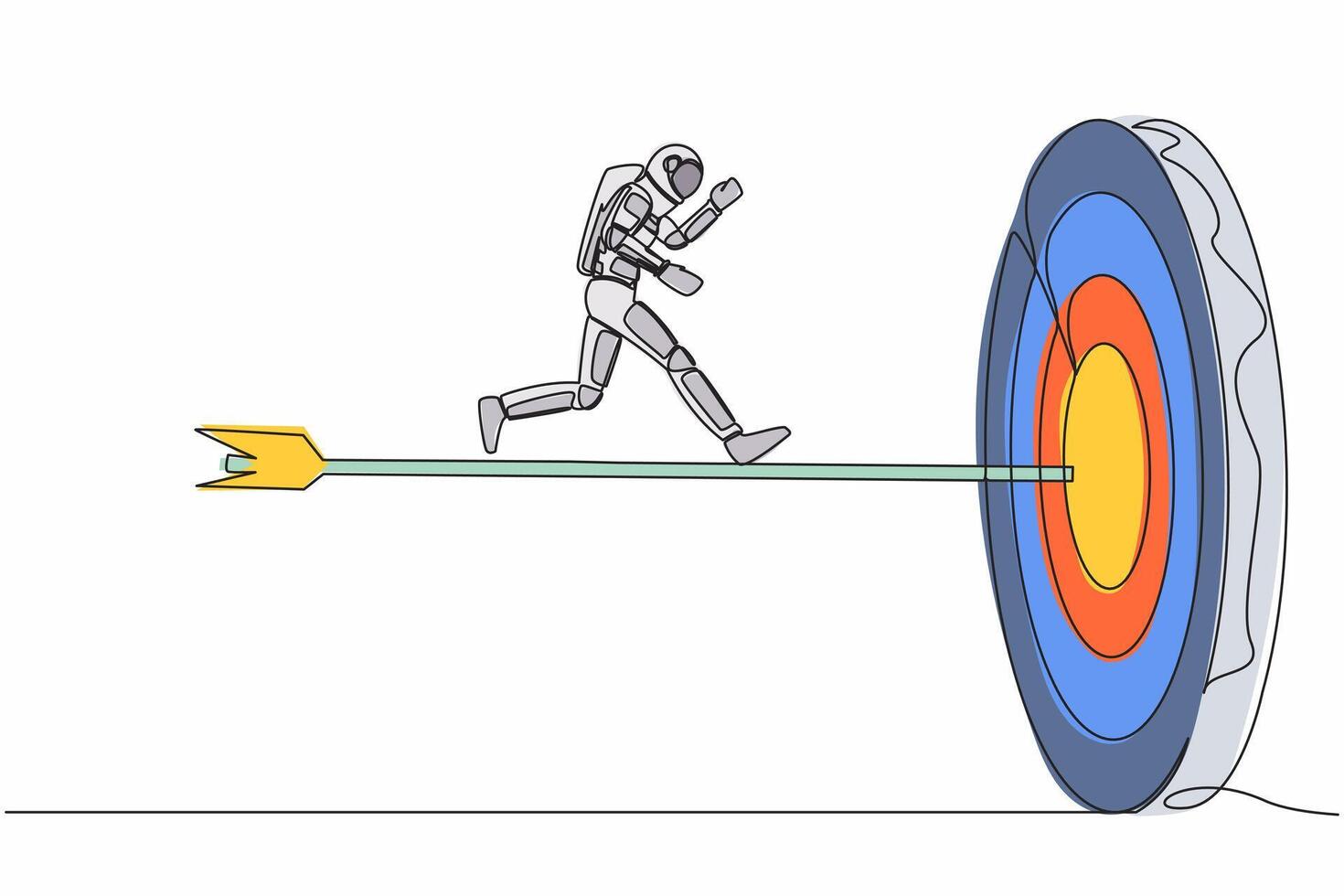 enda ett linje teckning av ung astronaut springa till Centrum av prick på stor pil. nå framgångsrik rymdskepp expedition mål. kosmisk galax Plats. kontinuerlig linje grafisk design vektor illustration