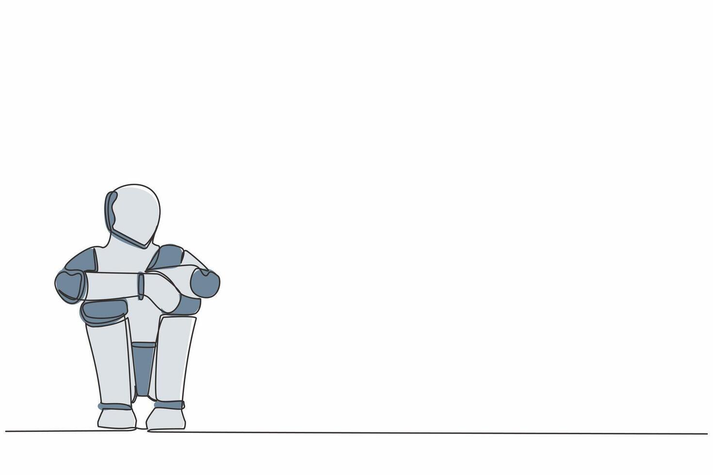 kontinuierlich einer Linie Zeichnung traurig Roboter leiden Emotion Melancholie Sitzung im Verzweiflung auf Boden. Humanoid Roboter kybernetisch Organismus. Zukunft Roboter Entwicklung. Single Linie zeichnen Design Vektor Illustration