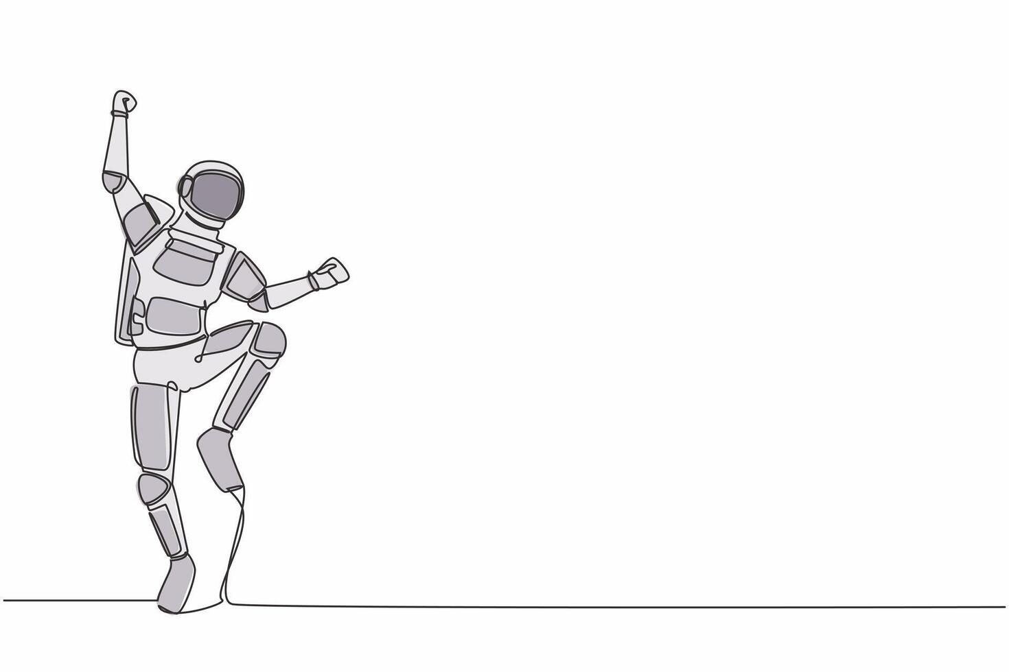 enda ett linje teckning av Lycklig astronaut hoppa med veck ett ben och höjer ett hand. vinnande rymdskepp företag projekt. kosmisk galax Plats. kontinuerlig linje dra grafisk design vektor illustration