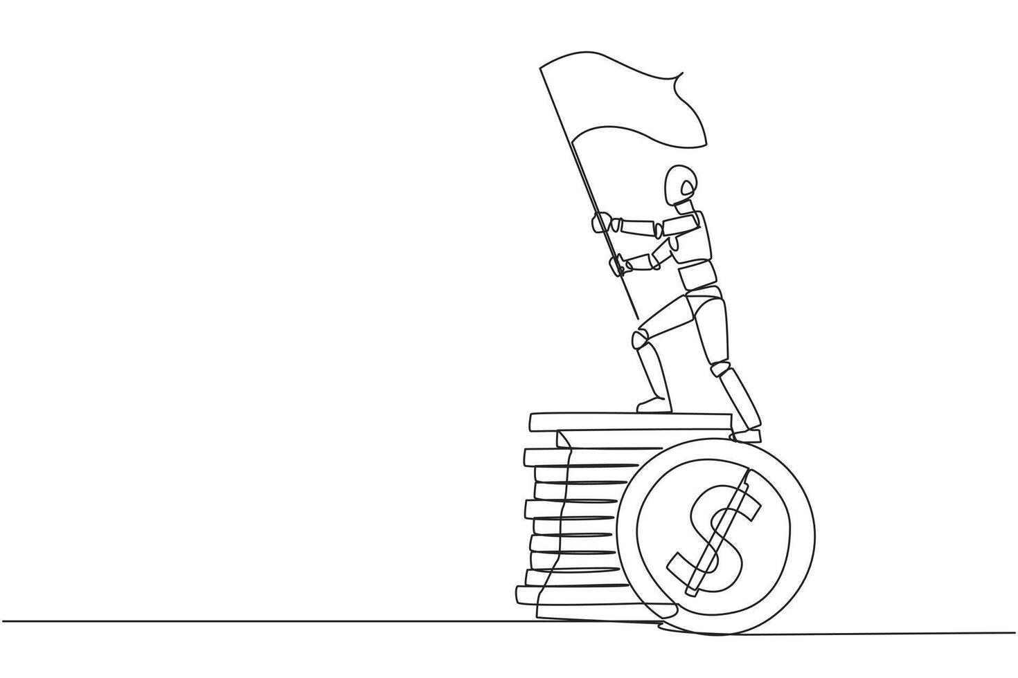 enda kontinuerlig linje teckning av robot artificiell intelligens stående på jätte stack av mynt innehav fladdrande flagga. framtida teknologi robot utveckling. ett linje design vektor illustration