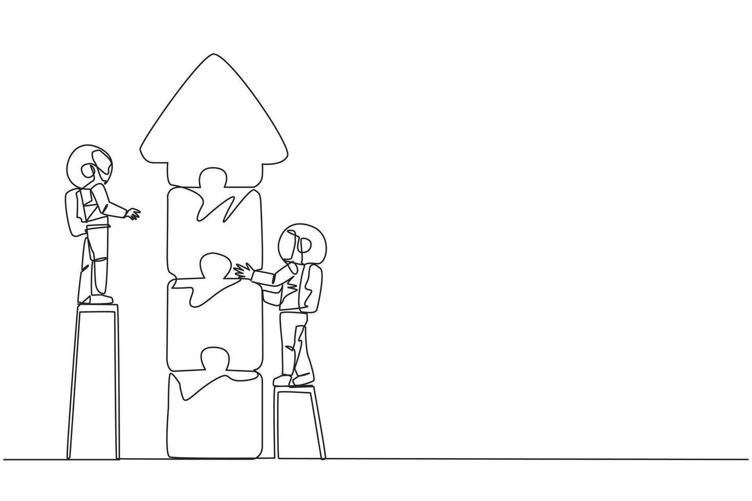 kontinuerlig ett linje teckning två robotar håller på med lagarbete tillsammans. klättrande de trappa, de två sätta tillsammans pussel till form ett pil upp. kosmisk galax begrepp. enda linje dra design vektor illustration