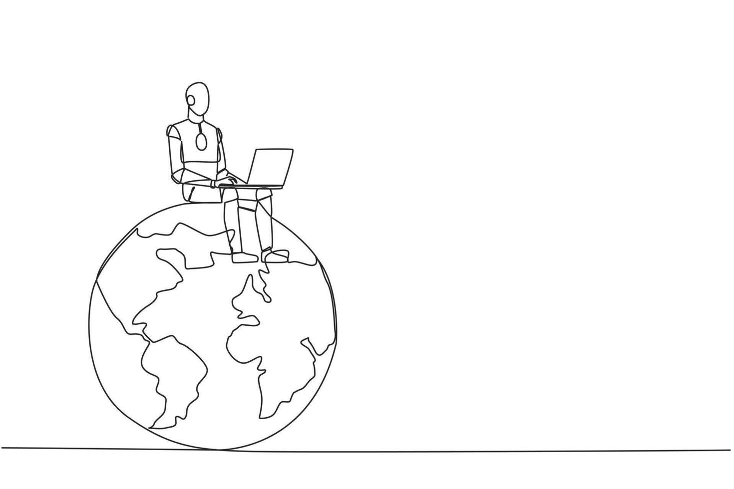 kontinuerlig ett linje teckning robot artificiell intelligens Sammanträde på jätte klot skriver bärbar dator. elektronisk teknologi industri utveckling. framtida tech. enda linje dra design vektor illustration