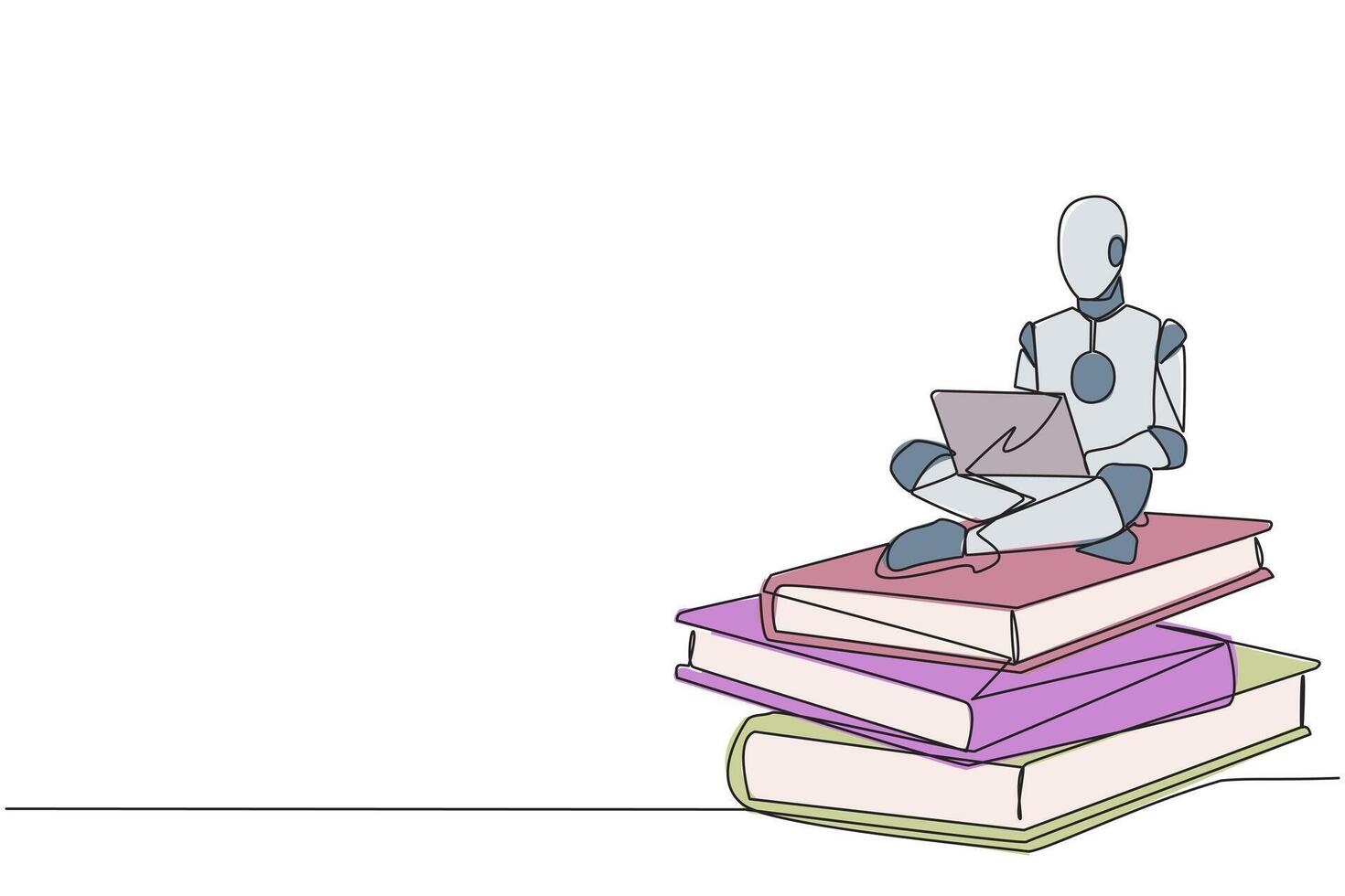 Single einer Linie Zeichnung Roboter künstlich Intelligenz Sitzung auf Stapel von Riese Bücher Tippen Laptop. zusammenfassen wissenschaftlich Studien. Zukunft Technologie. kontinuierlich Linie Design Grafik Illustration vektor
