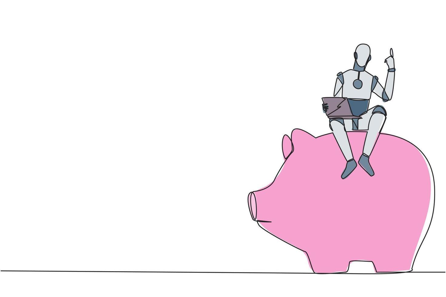 kontinuierlich einer Linie Zeichnung Roboter künstlich Intelligenz Sitzung auf groß Schweinchen Bank halten Laptop erziehen einer Hand. Roboter machen Investitionen. Zukunft Konzept. Single Linie Design Vektor Illustration