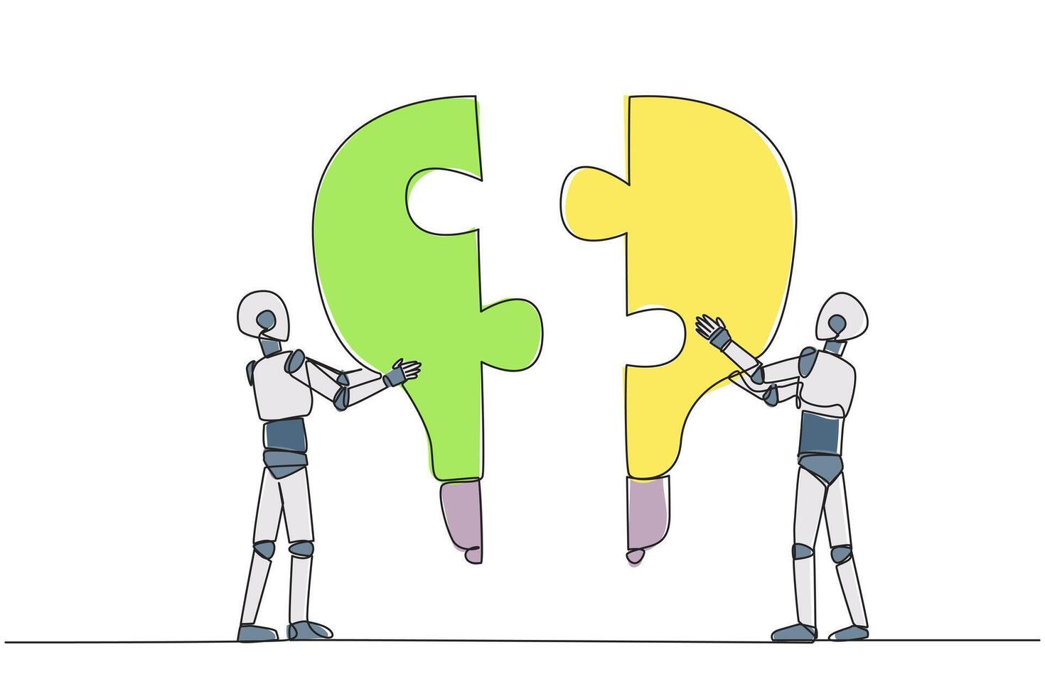 Single einer Linie Zeichnung zwei Roboter halten oben zwei glühbirnenförmig Puzzle Stücke. Metaphern erheben und Vereinen brillant Ideen. Zusammenarbeit zwischen Roboter. kontinuierlich Linie Design Grafik Illustration vektor