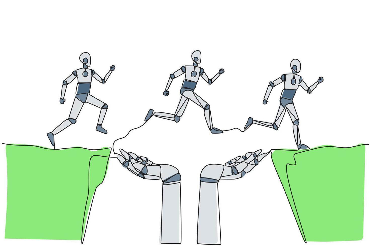 Single kontinuierlich Linie Zeichnung drei Roboter Laufen durch ein Cliff Das hat Loch im das Mitte aber ist unterstützt durch groß Roboter Hand. tun Zusammenarbeit gegenüber besser Richtung. einer Linie Vektor Illustration