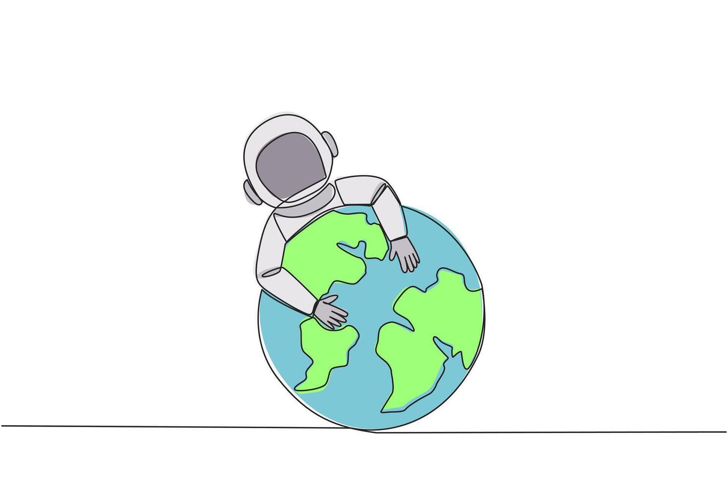 kontinuierlich einer Linie Zeichnung jung energisch Astronaut umarmen Globus. Heimweh Metapher. Raum Mann kosmisch Galaxis Konzept. Kosmonaut äußere Raum. galaktisch. Single Linie zeichnen Design Vektor Illustration