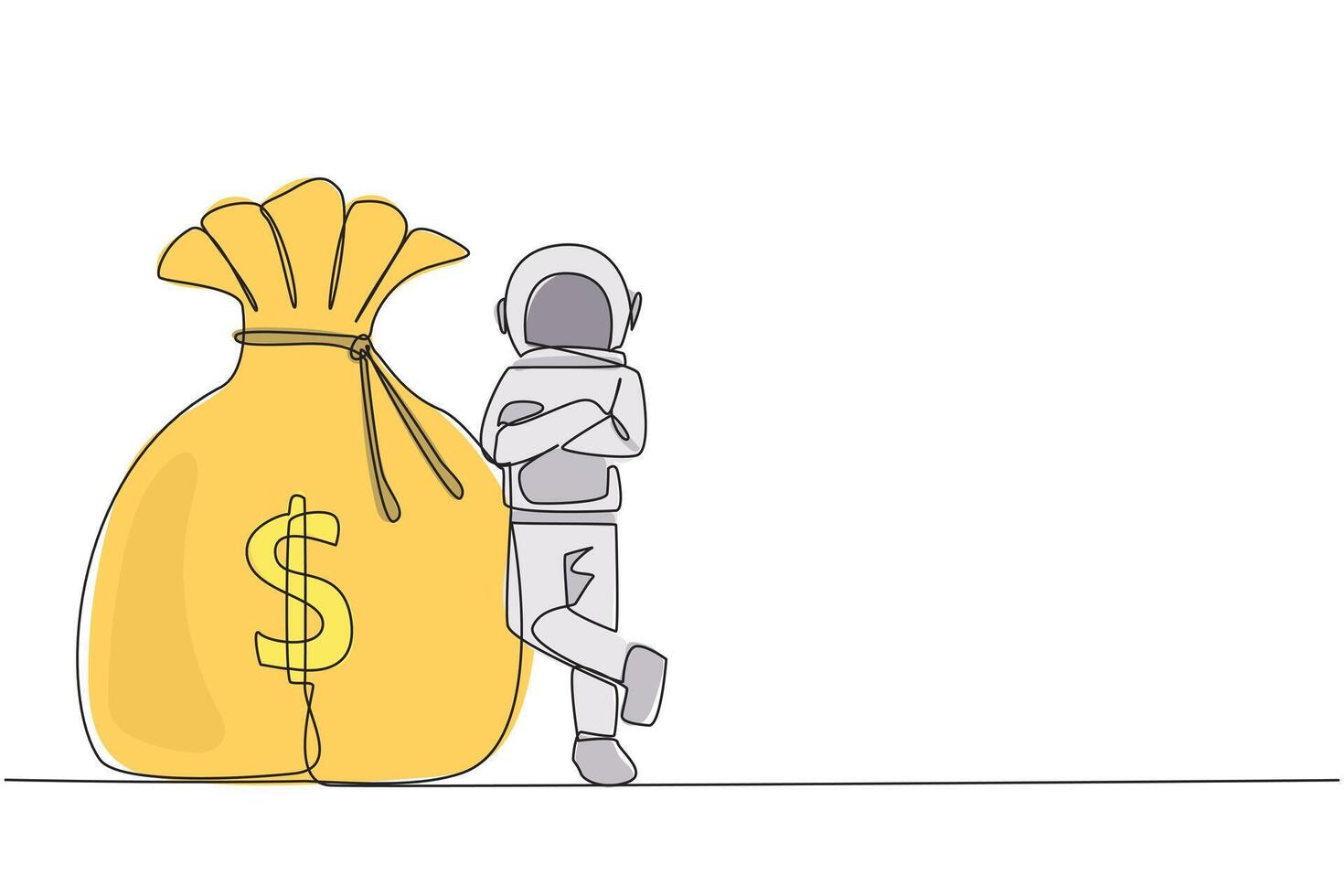 Single einer Linie Zeichnung jung energisch Astronaut lehnen auf Riese Geld Tasche. zeigt an das Einkommen empfangen von das Raum Industrie. kosmisch Galaxis tief Raum. kontinuierlich Linie Design Grafik Illustration vektor