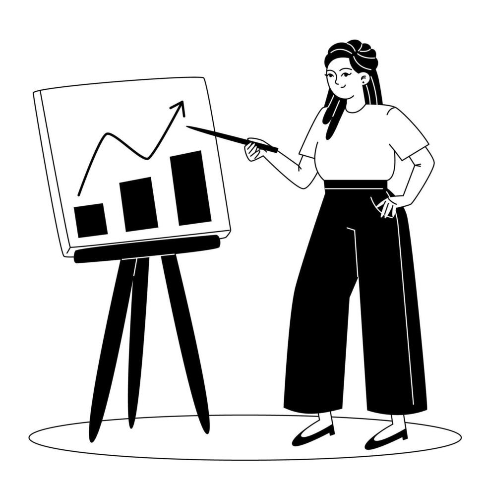 ein jung weiblich Mitarbeiter macht ein Präsentation Über das Firma Erfolg mit ein Diagramm und Statistiken vektor