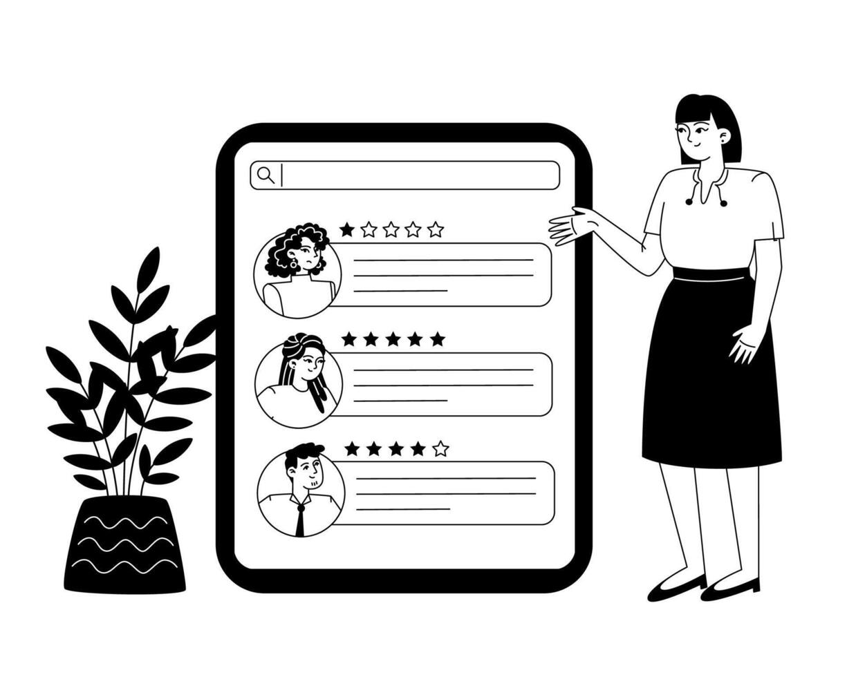 en kvinna anställd utseende på olika recensioner av människor på de skärm av en stor läsplatta vektor