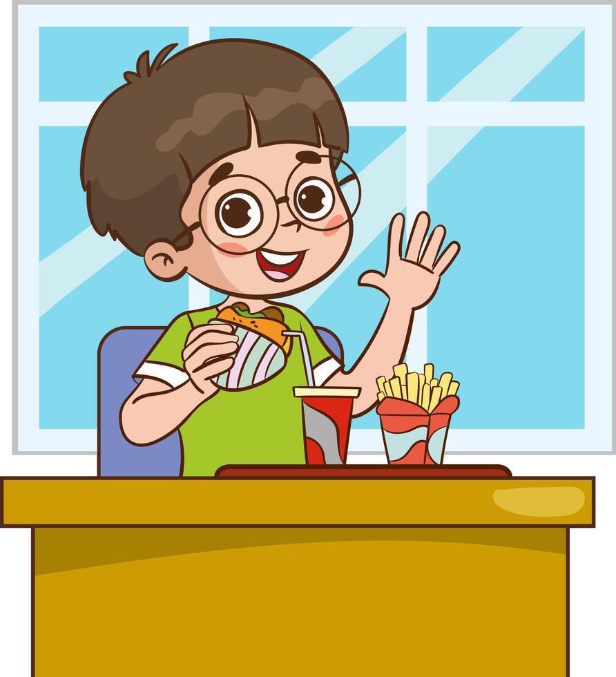 Vektor Illustration von Kinder Essen Französisch Fritten und schnell Essen im Restaurant