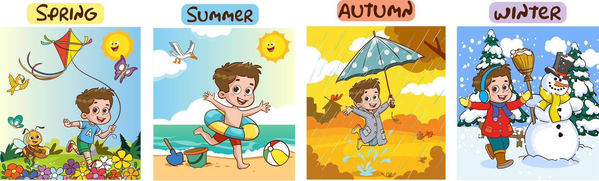 vektor illustration av fyra säsonger med tecknad serie unge
