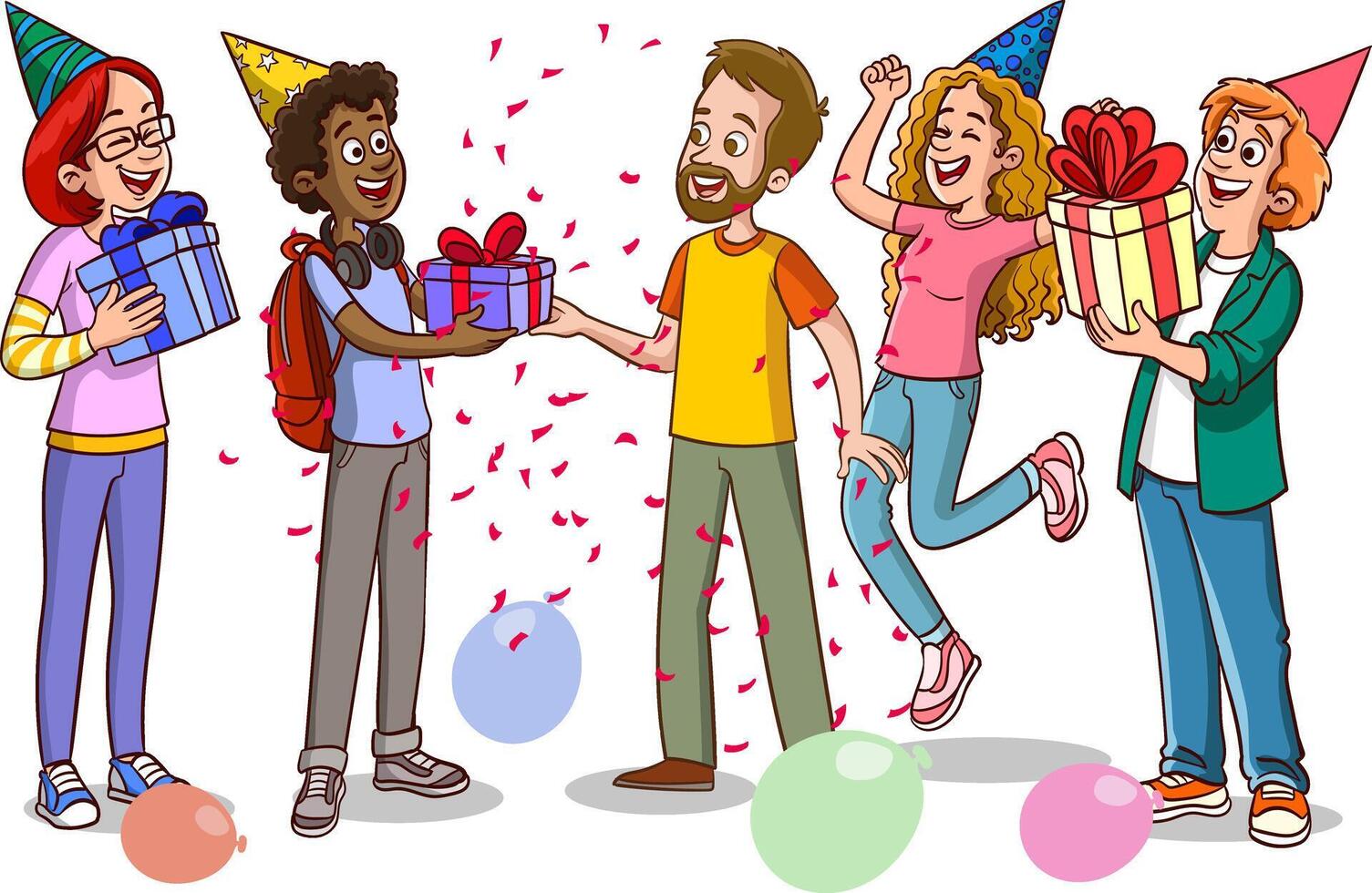 Gruppe von glücklich Menschen feiern Geburtstag. Vektor Illustration im Karikatur Stil.