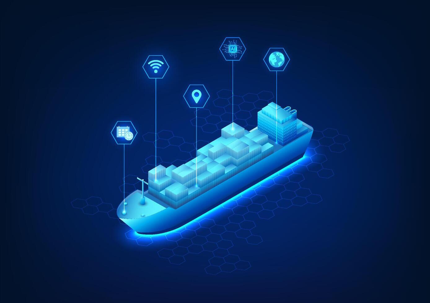 Transport und Logistik Technologie weltweit Versand mit Schiffe und ai Technologie zu identifizieren Standorte und Hilfe verwalten Transport Systeme, Schiffe mit Technologie Symbole, Vektor Illustration