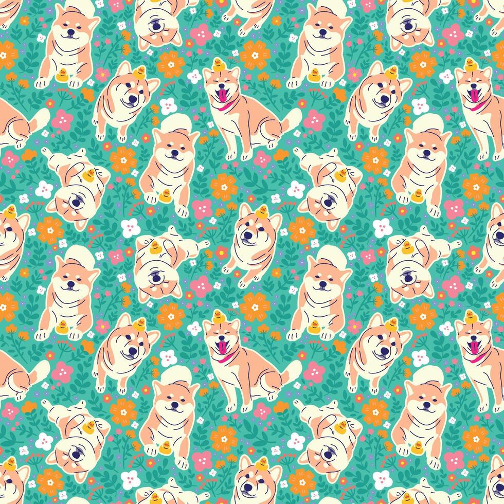 süß Shiba inu im etwas verschiedene Pose mit Blumen- nahtlos Muster vektor