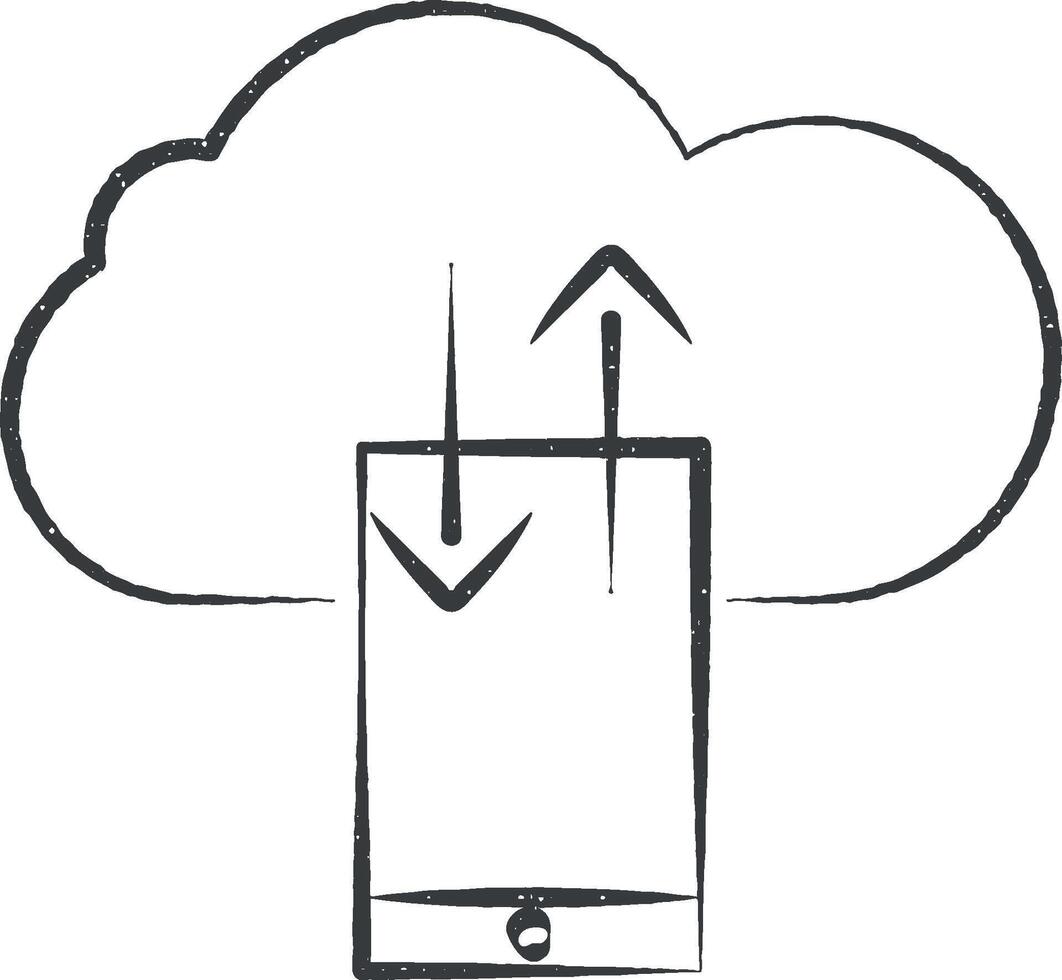 Handy, Mobiltelefon Datei Transfer Wolke Symbol Vektor Illustration im Briefmarke Stil