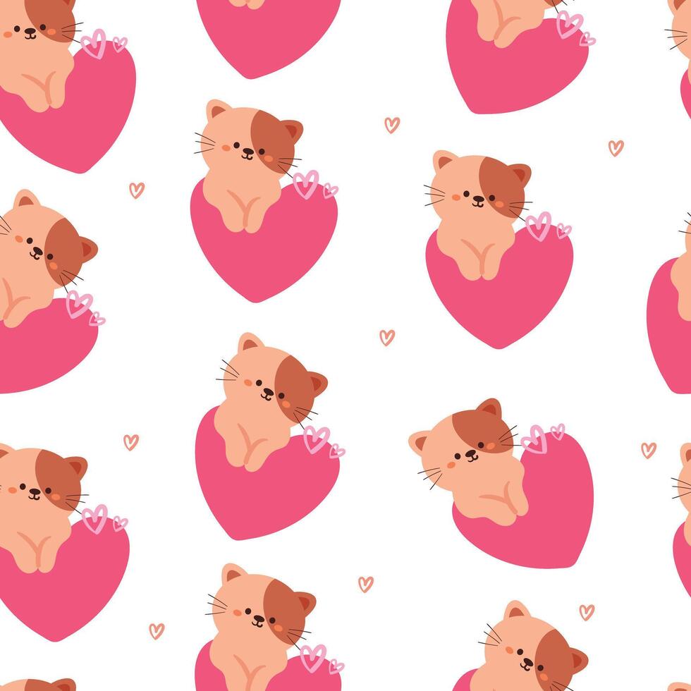 sömlös mönster tecknad serie katt och rosa hjärta. söt djur- tapet illustration för gåva slå in papper vektor