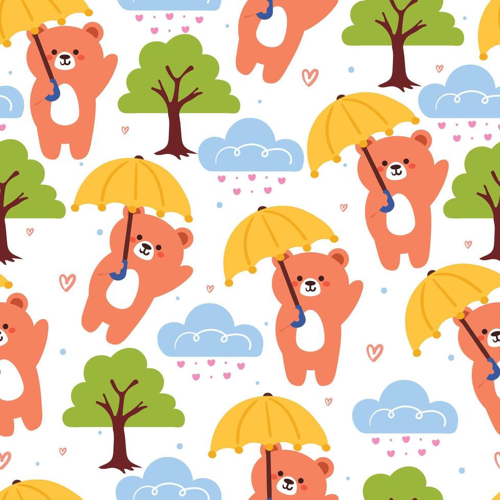 nahtlos Muster Karikatur Bär mit Regenschirm und Pflanze und Baum. süß Hintergrund zum Textil, Geschenk wickeln Papier vektor