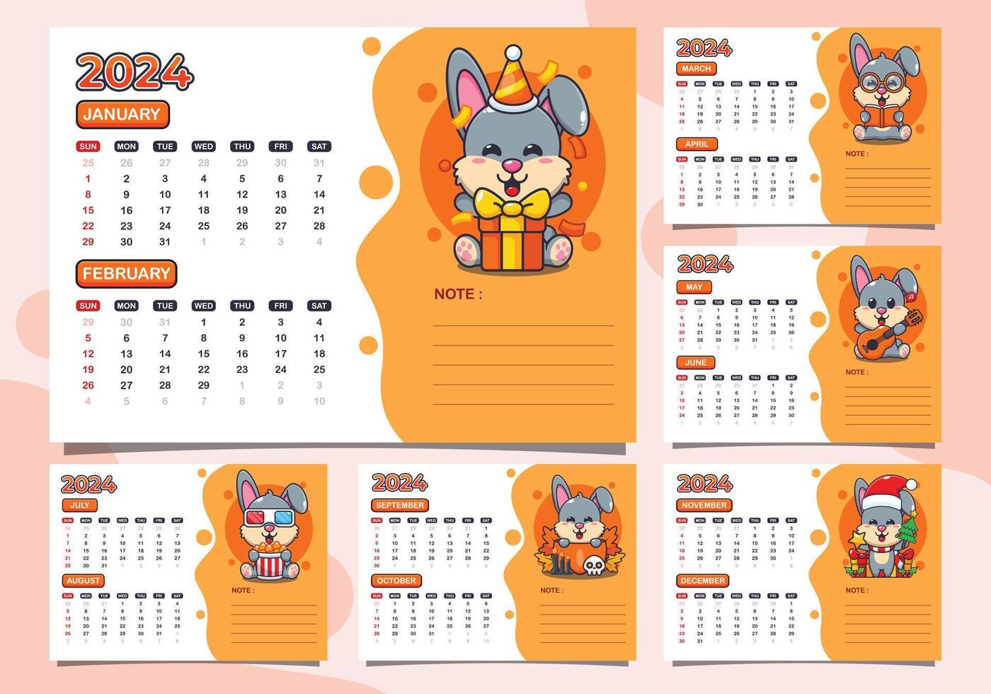 kalender 2024 år med söt kanin karaktär. fjärdedel kalender mall för 2024 år. vektor