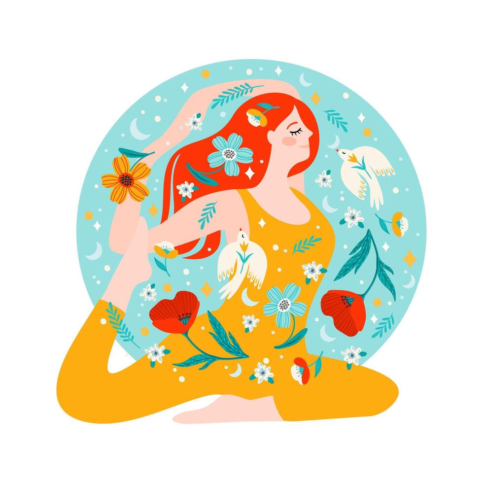 illustration med kvinna håller på med yoga, blommor och fåglar. vektor design begrepp för internationell kvinnor s dag och Övrig använda sig av